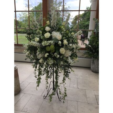 WHITE ROSE AND HYDRANGEA PEDESTAL ARRANGEMENT