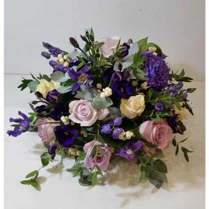 PURPLE ROSE AND CLEMATIS TABLE ARRANGEMENT