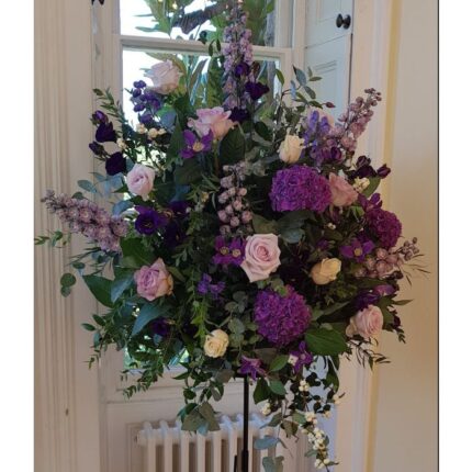 PURPLE ROSE AND HYDRANGEA PEDESTAL ARRANGEMENT